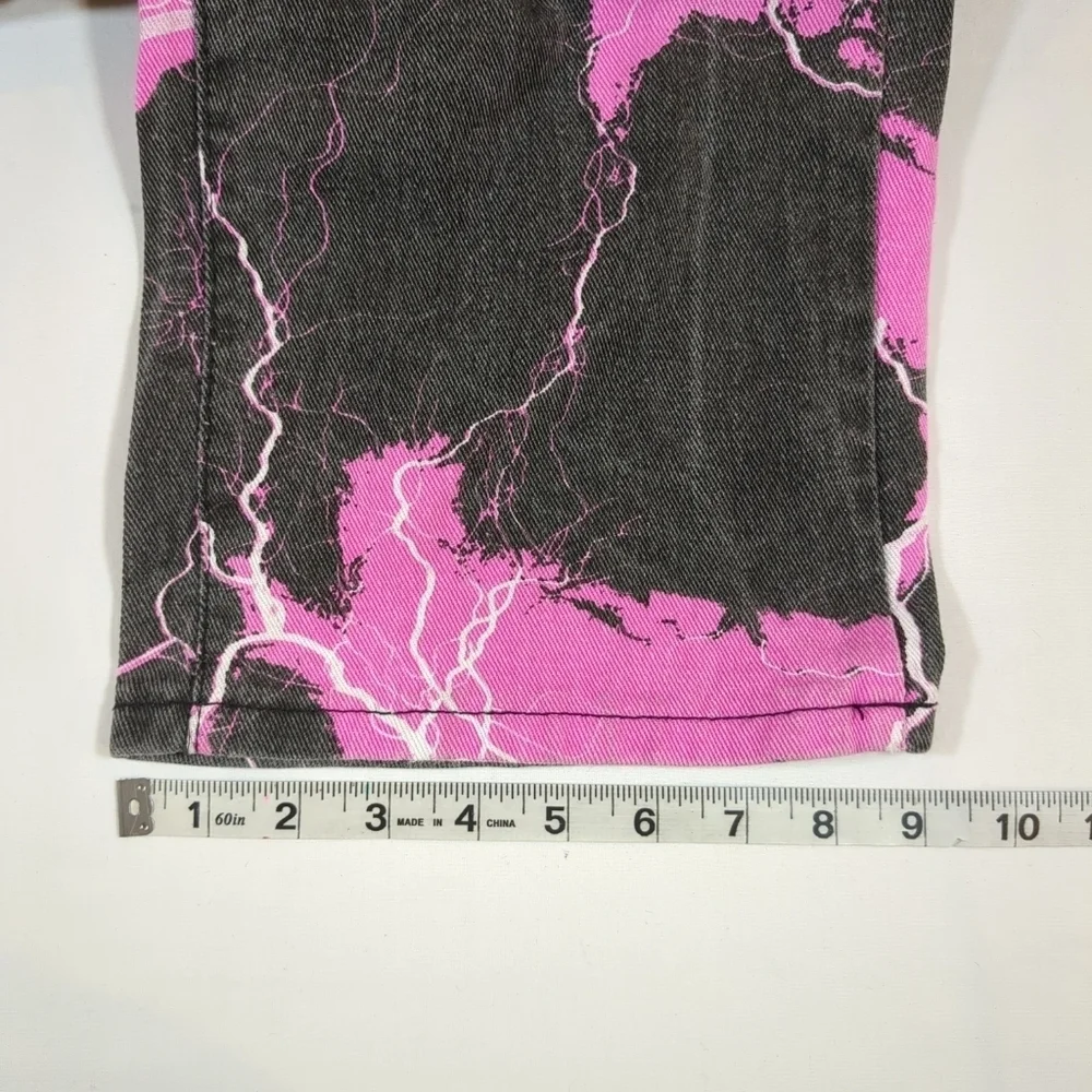 Lighting print women's wide leg black and pink jeans, size L